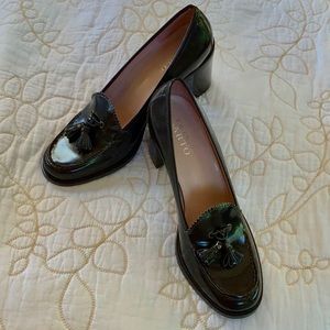 Brown Franco Sarto 3 inch tasseled chunky heels.